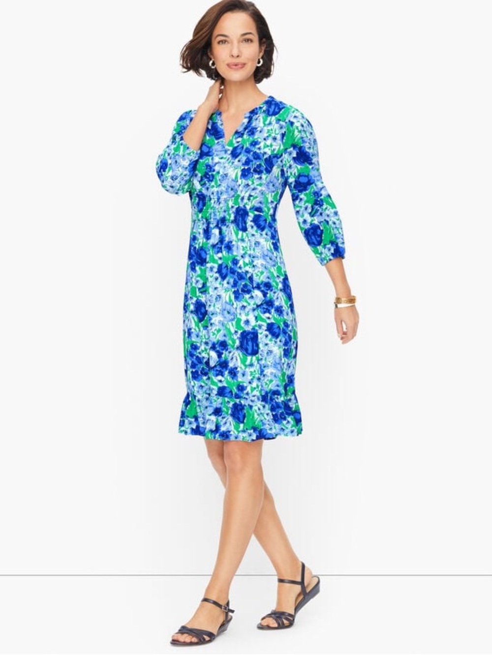 Talbots Blue & Green Floral Midi Dress with Ruffle Hem